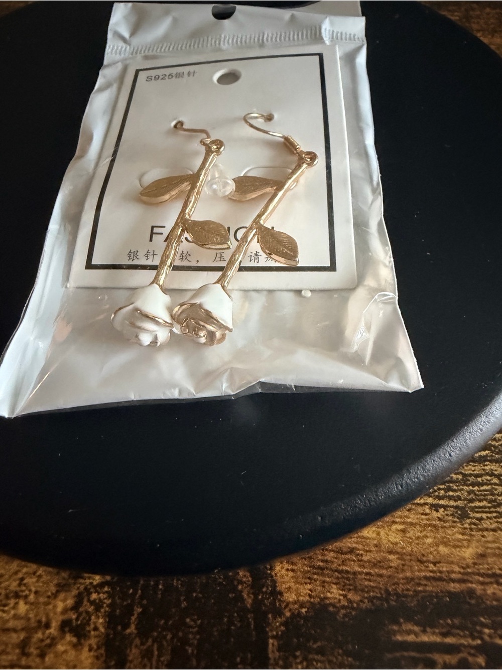 Fashion Jewelry Gold-Tone Stem Earrings with White Rose Drops